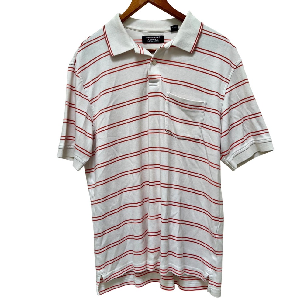 Roundtree & Yorke Mens White Orange Stripe Short Sleeve Polo Shirt Pima Cotton M